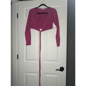 Lush Ribbed Wrap Crop Knit Cardigan Sweater Pink Small